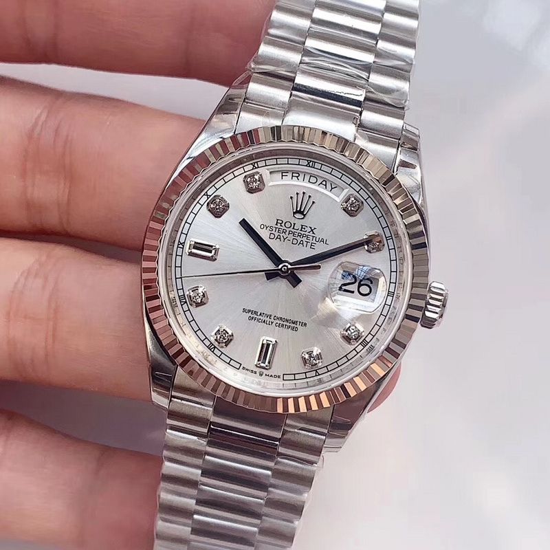 Rolex Day Date 36 Diamond Index Silver Dial Watch