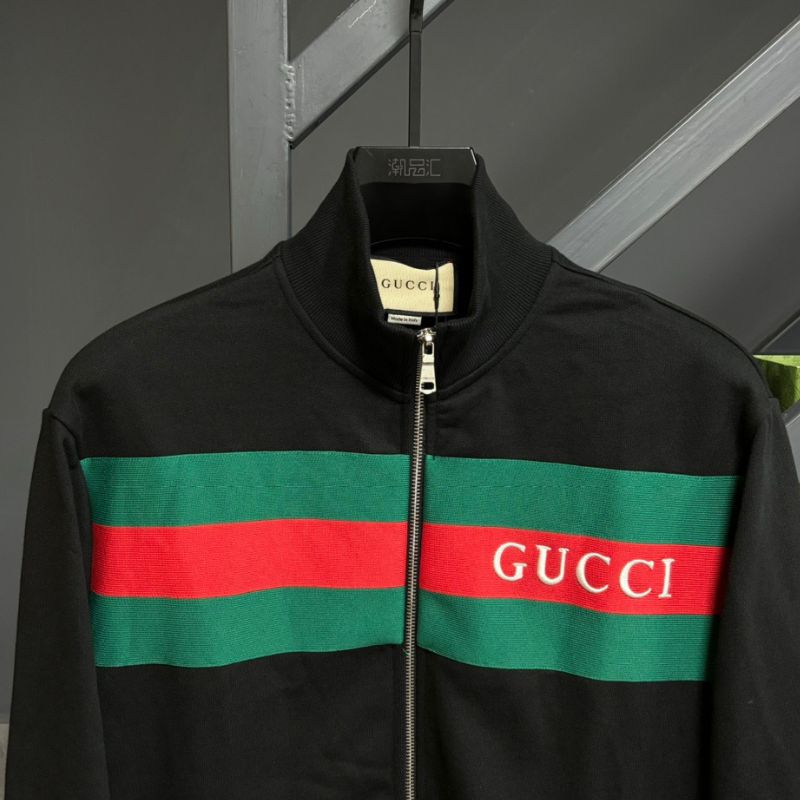 Gucci Classic Red and Green Embroidered Logo Stand-Up Collar Zipper Jacket