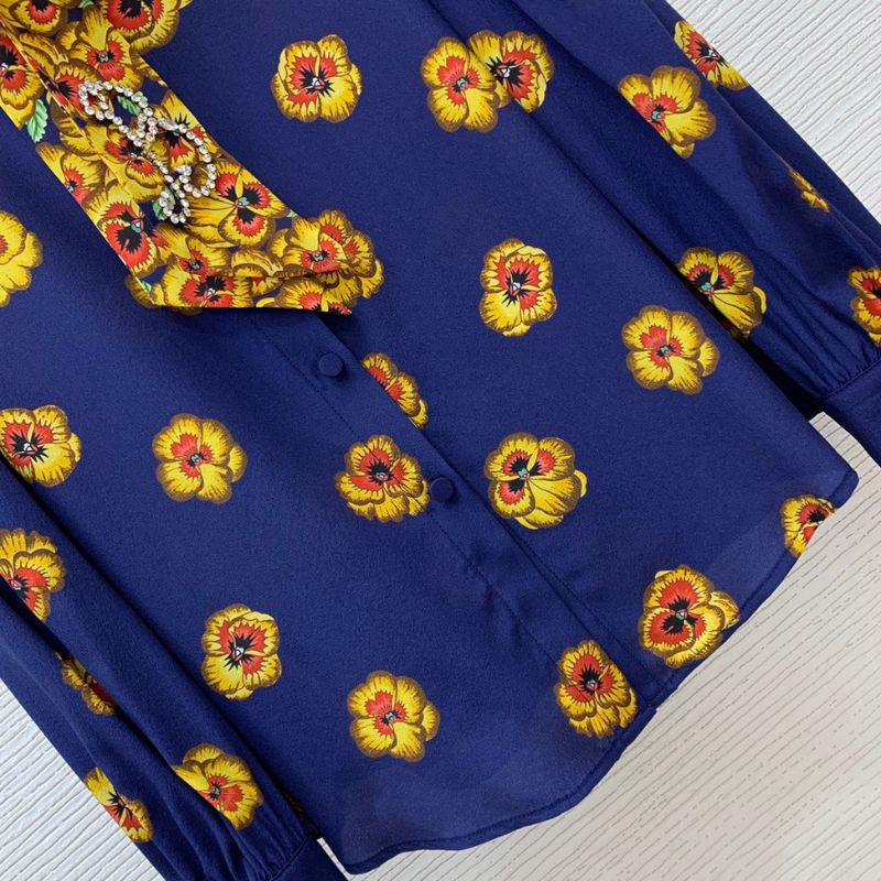 Gucci Inspired Lace Bow & Beaded Heavy Silk Long-Sleeved Shirt