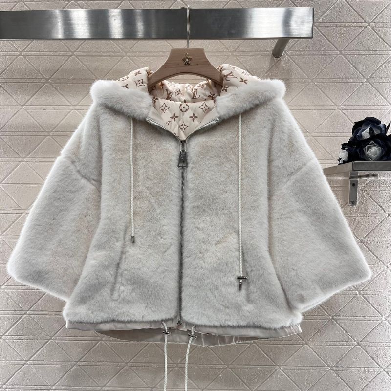 Louis Vuitton Hooded Fur Cotton Cape Jacket