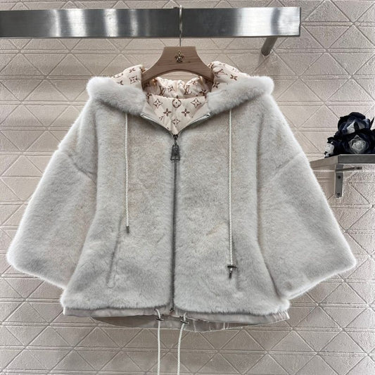 Louis Vuitton Hooded Fur Cotton Cape Jacket