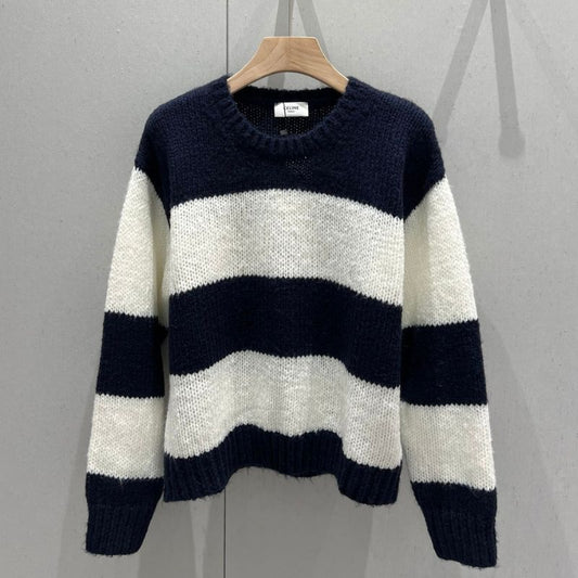 Celine Contrast Striped Round Neck Knitted Sweater