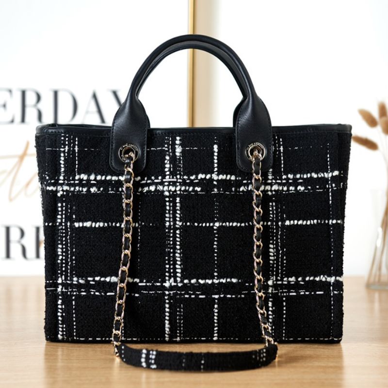 Chanel Colorful Letter Woolen Plaid Beach Bag