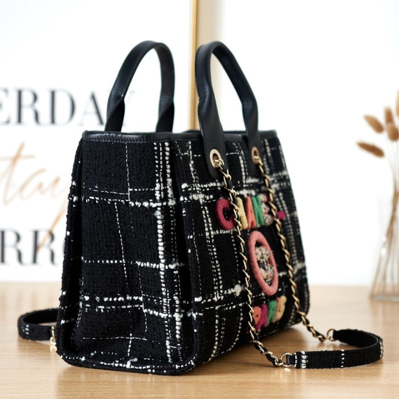 Chanel Colorful Letter Woolen Plaid Beach Bag