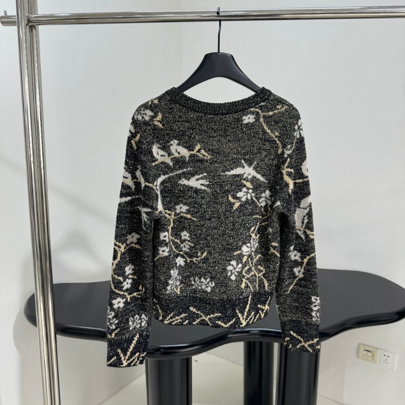 Chanel Black Sweater With White and Gold Floral Design
