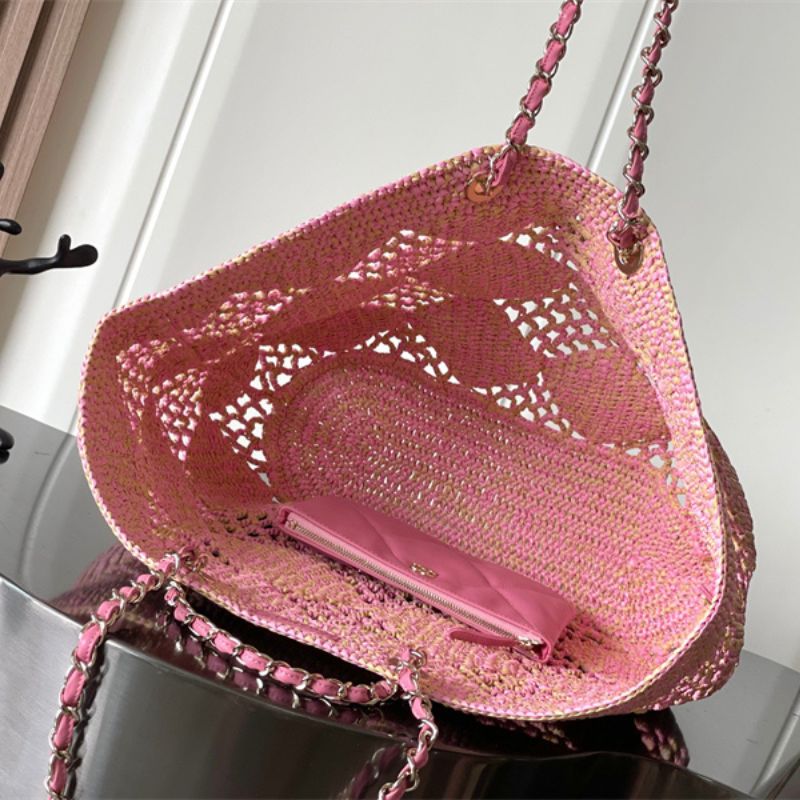 Chanel Pink Woven Straw Tote Bag