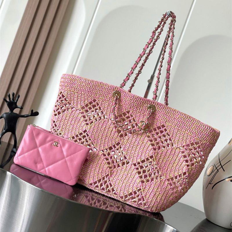 Chanel Pink Woven Straw Tote Bag