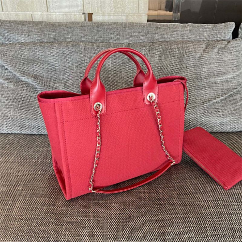 Chanel Deauville Tote Bag in red canvas.