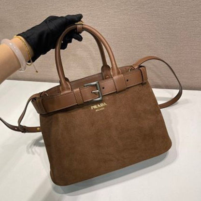 Prada Buckle Medium Suede Tote Bag in Cocoa Brown.