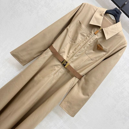Prada beige midi dress with a belt.