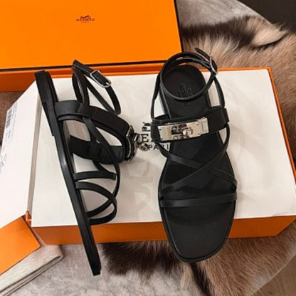 Hermès Empire Flat Sandals in noir (black) calfskin