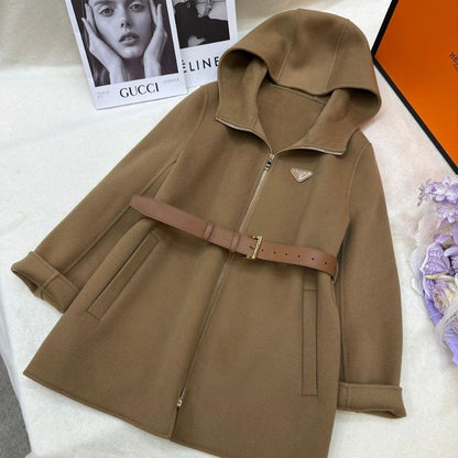 Prada hooded coat with a belt.