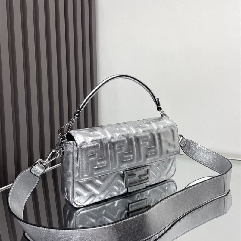 Fendi Baguette bag in a metallic silver finish.