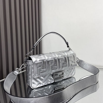 Fendi Baguette bag in a metallic silver finish.