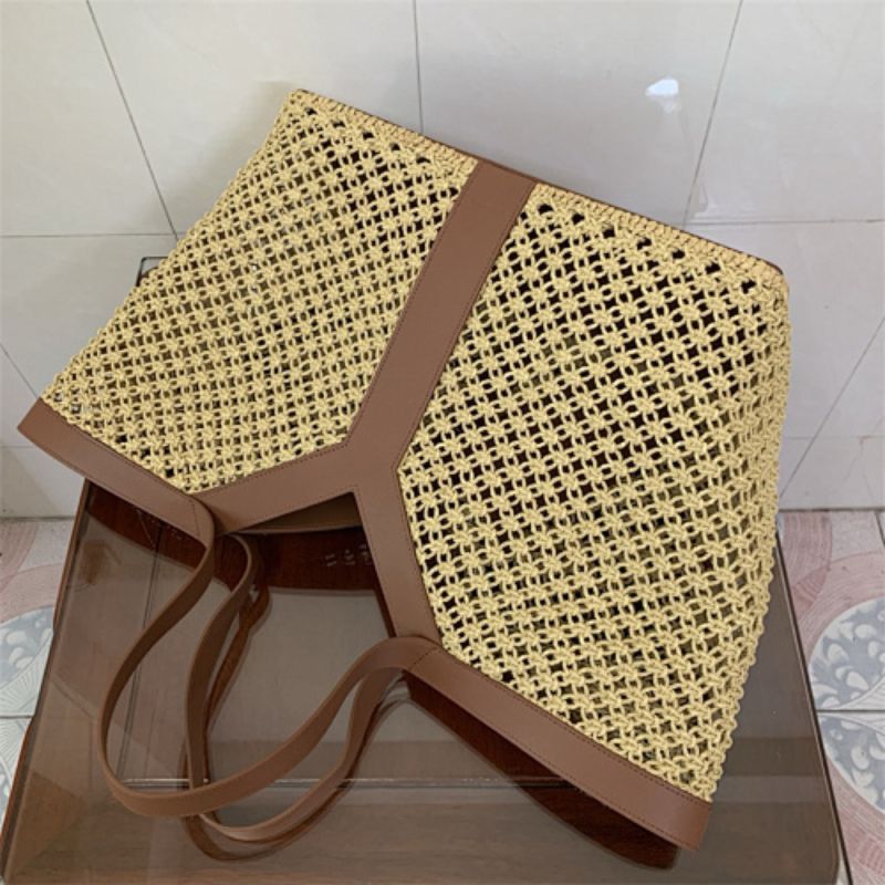 Saint Laurent Y Tote Bag in Raffia Naturel + Brick