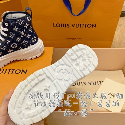 LV Squad Sneaker Boot in the Navy Blue Monogram Denim