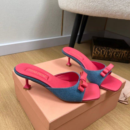 Miu Miu Denim Mules with Pink Bow,