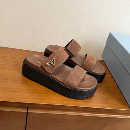 Prada Nubuck Flatform Slides in the cocoa brown ("Cacao")