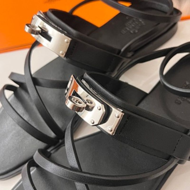 Hermès Empire Flat Sandals in noir (black) calfskin