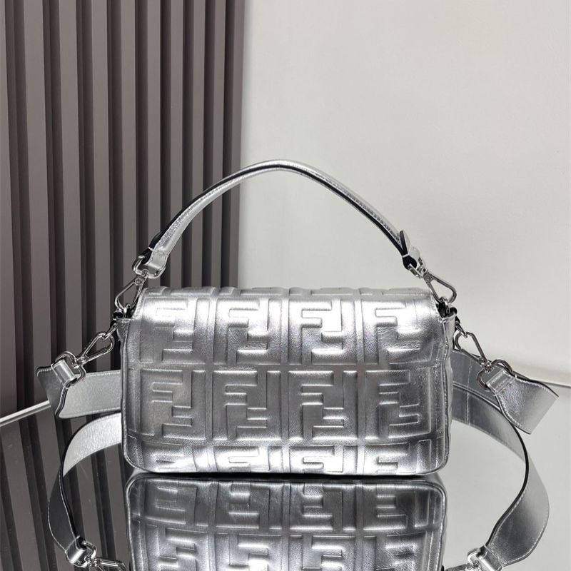 Fendi Baguette bag in a metallic silver finish.