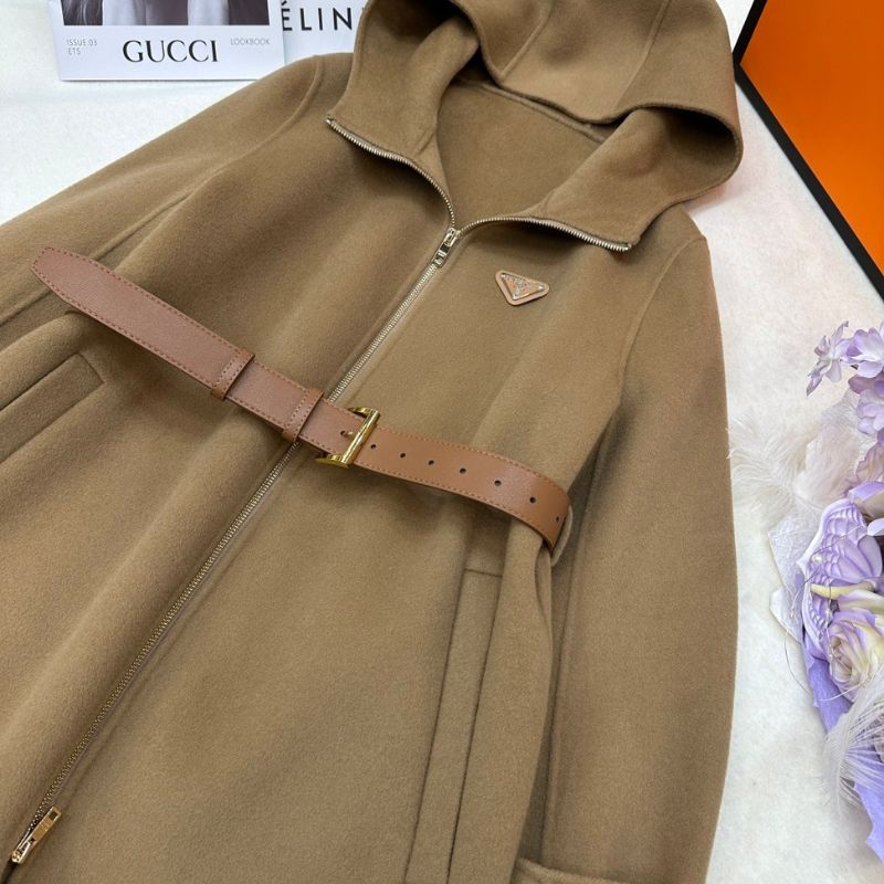 Prada hooded coat with a belt.