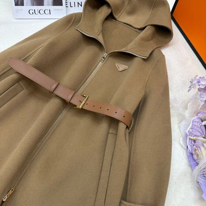 Prada hooded coat with a belt.