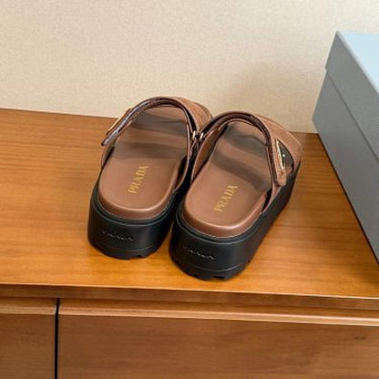 Prada Nubuck Flatform Slides in the cocoa brown ("Cacao")