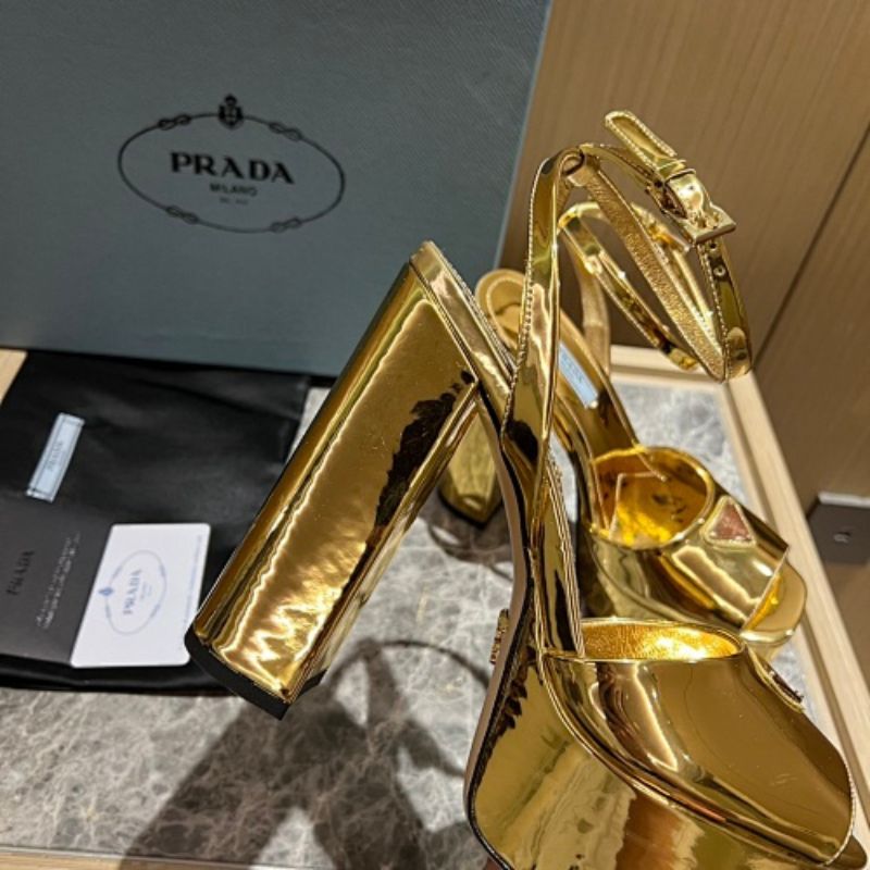 Prada Metallic Leather Platform Sandals in a luxurious liquid gold colorway.