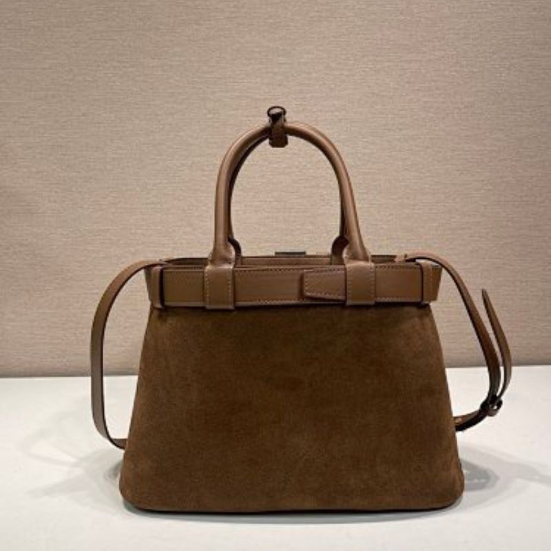 Prada Buckle Medium Suede Tote Bag in Cocoa Brown.