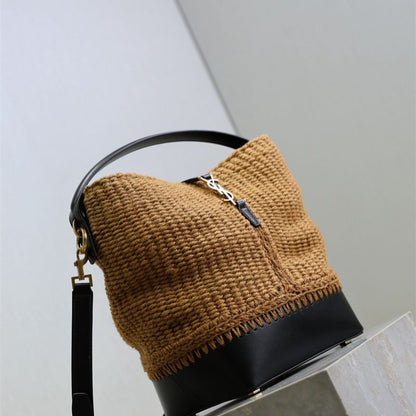 Saint Laurent Le 37 bucket bag in raffia and leather.