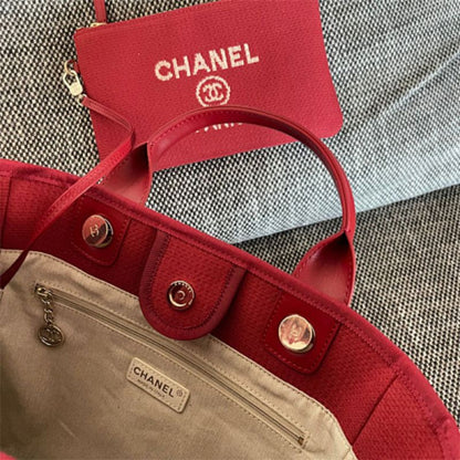 Chanel Deauville Tote Bag in red canvas.