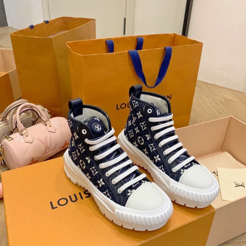 LV Squad Sneaker Boot in the Navy Blue Monogram Denim