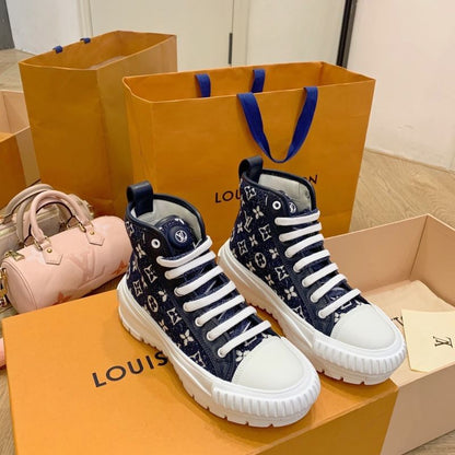 LV Squad Sneaker Boot in the Navy Blue Monogram Denim