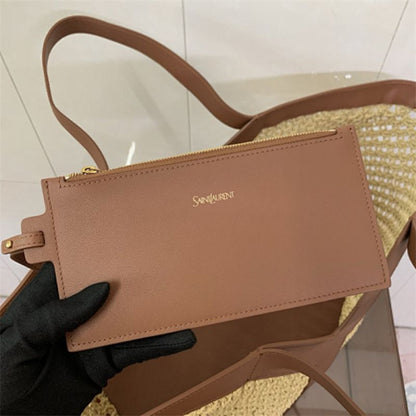 Saint Laurent Y Tote Bag in Raffia Naturel + Brick