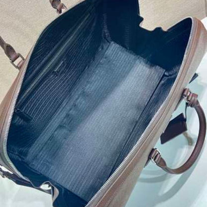 Prada Saffiano Leather Travel Bag in a rich cocoa brown.
