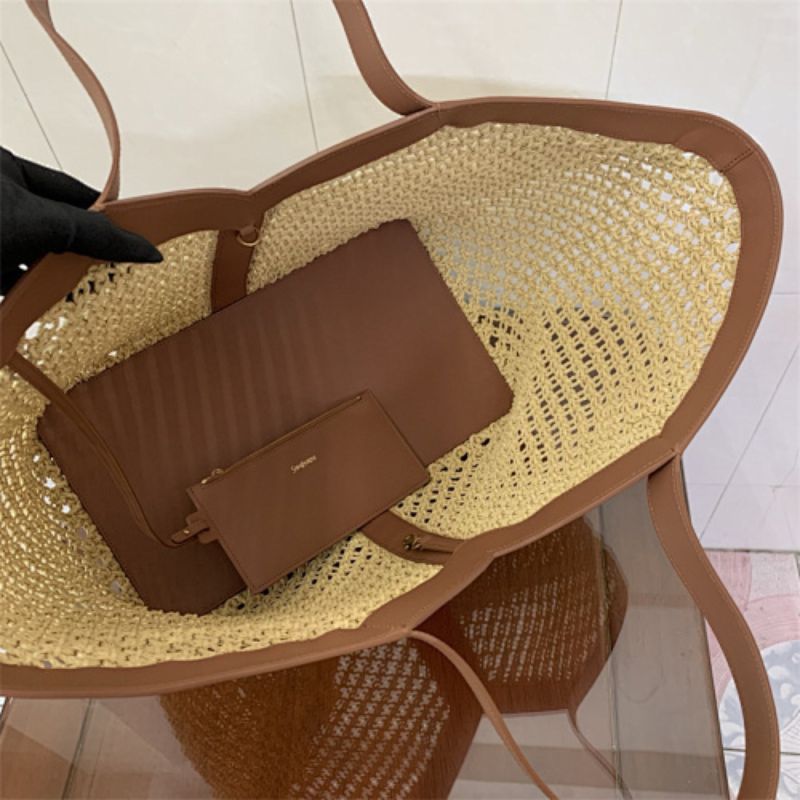 Saint Laurent Y Tote Bag in Raffia Naturel + Brick