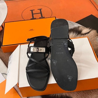 Hermès Empire Flat Sandals in noir (black) calfskin