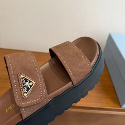 Prada Nubuck Flatform Slides in the cocoa brown ("Cacao")