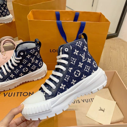 LV Squad Sneaker Boot in the Navy Blue Monogram Denim