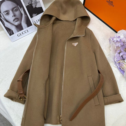Prada hooded coat with a belt.