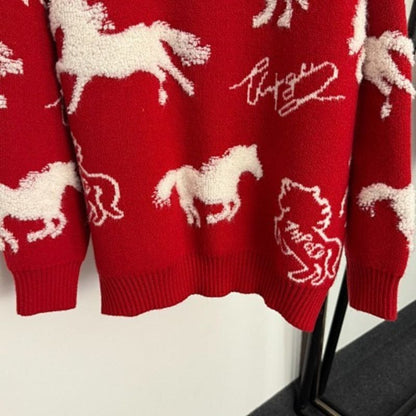 Hermès red knit sweater featuring a white horse motif