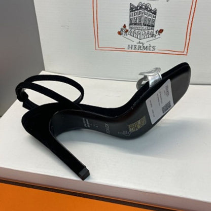 Hermès Ilot 85 Sandals in black suede and silver leather