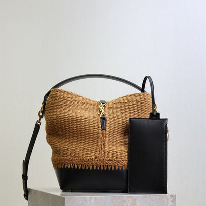 Saint Laurent Le 37 bucket bag in raffia and leather.
