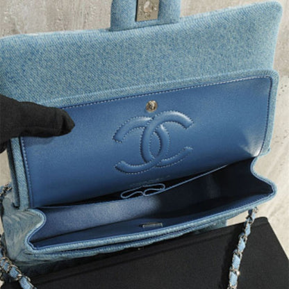 Chanel Mini Square Flap Bag crafted from blue denim.