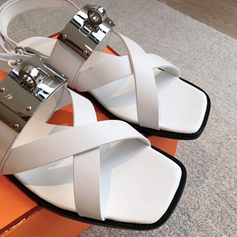 Hermès Empire Flat Sandals in blanc (white) calfskin,