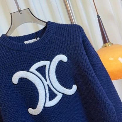 Celine Crew Neck Sweater in Ribbed Wool with the white Triomphe logo