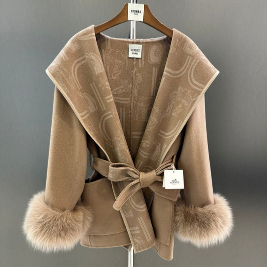 Hermès wool or cashmere blend coat with fox fur cuffs and a tie-belt