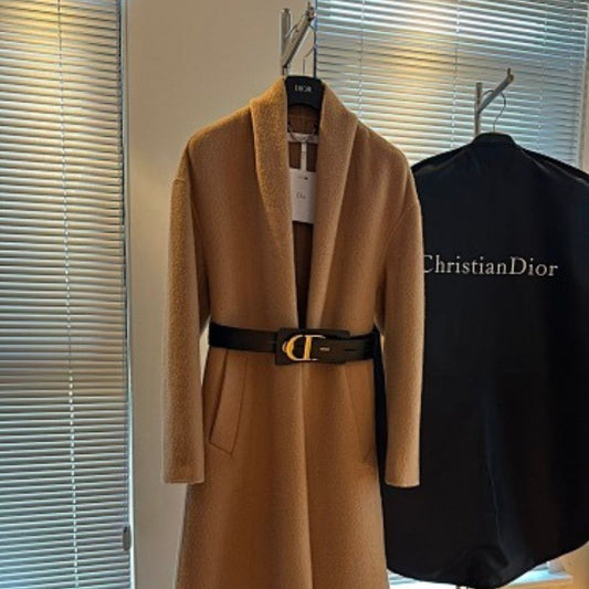 Christian Dior camel wrap coat with a black belt