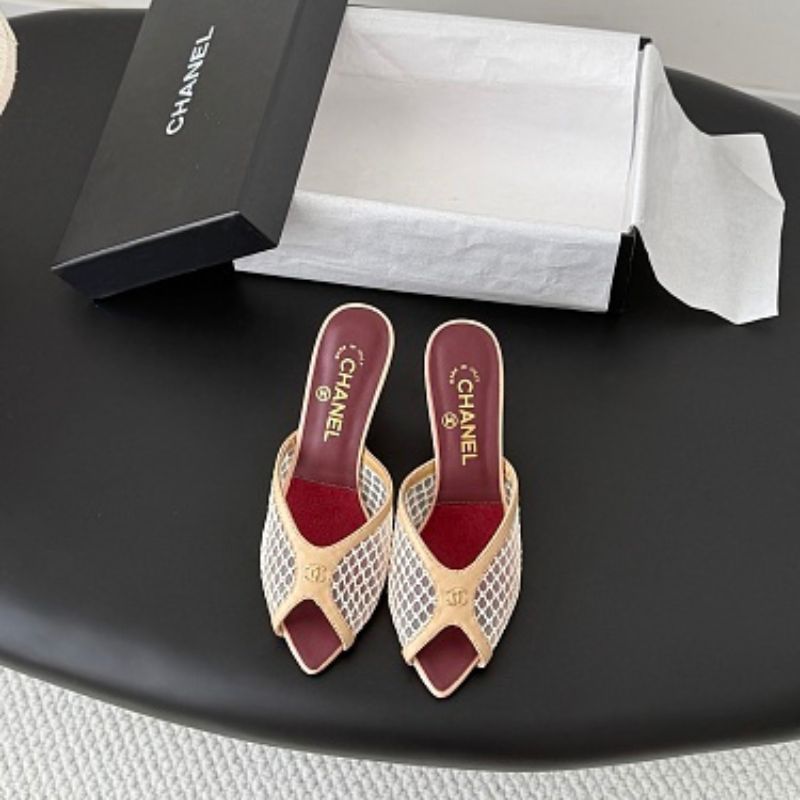 Chanel Mesh Open-Toe Mules in beige and burgundy.