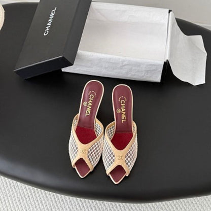 Chanel Mesh Open-Toe Mules in beige and burgundy.